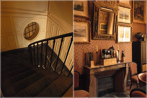 [左]：2階へと続く階段[右]：模写や骨董品などが陳列されている書斎。美術館の中の美術館ともいえる、貴重なオブジェばかり。