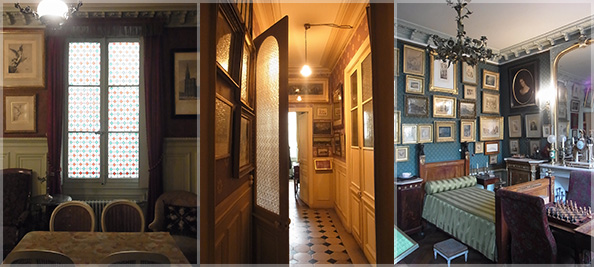 [左]：キャプション：食堂には、モロー作品の複製画などが展示されています。椅子の脚は、ギリシャ神殿の柱をモチーフにしているといわれる、洗練されたルイ16世スタイル。[中央]：モザイクの床の廊下を通って、寝室へ。　[右]：寝室の壁には家族の写真や肖像画を展示