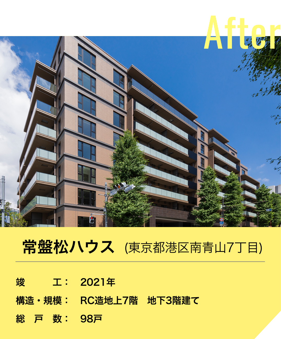 常盤松ハウス(東京都港区南青山7丁目) 竣工：2021年 構造・規模：RC造地上7階 地下3階建て 総戸数：98戸